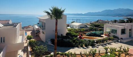 Zona residencial com edifícios modernos, uma palmeira e vista para o mar.