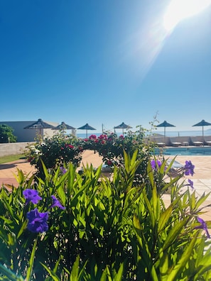 Área da piscina com guarda-sóis, céu claro e vista para o mar.