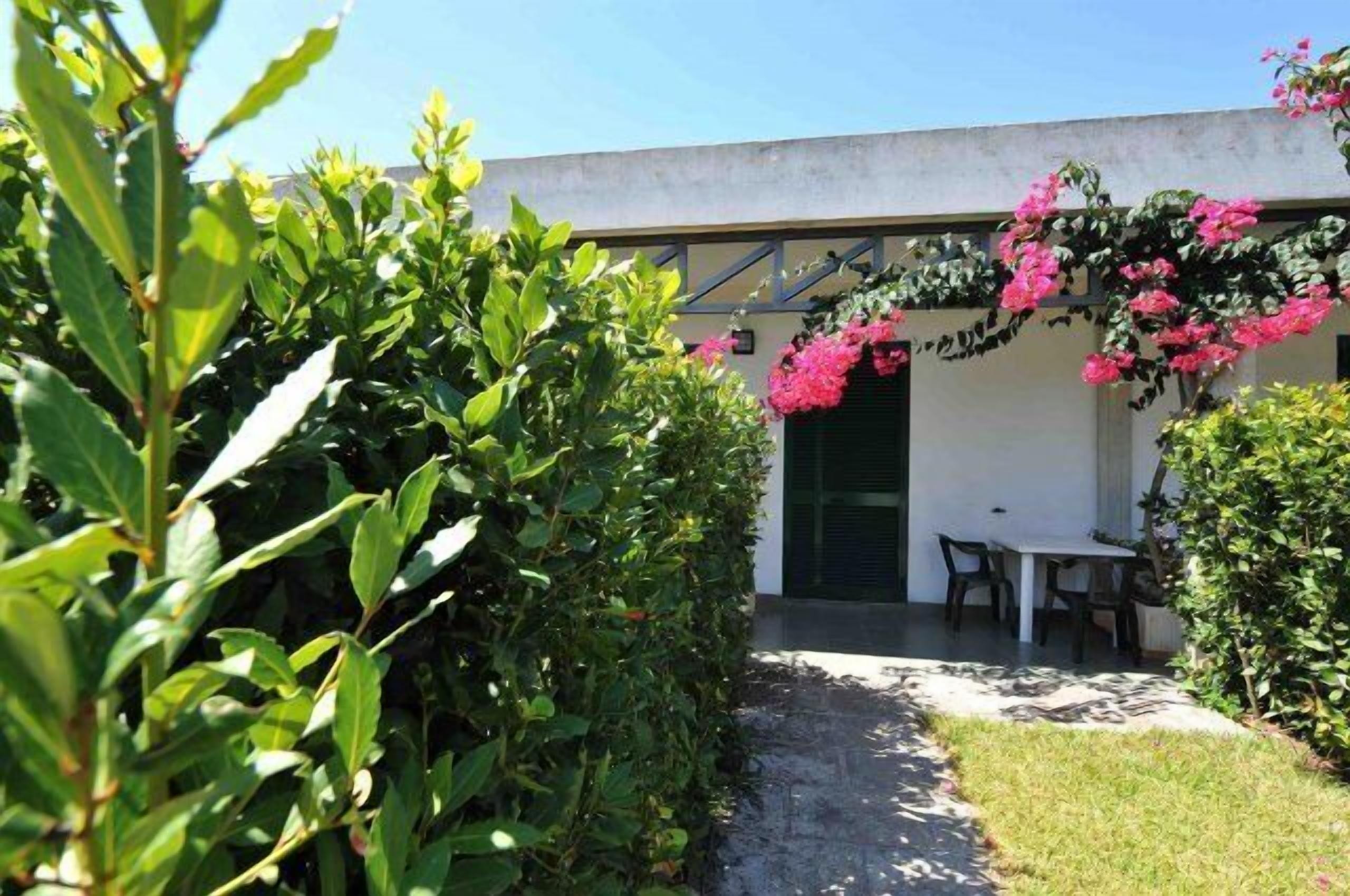Un jardín con un edificio blanco, una mesa y sillas afuera.