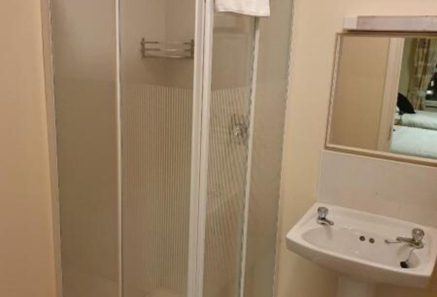 Une salle de bain avec une douche à parois de verre, un lavabo et un miroir au-dessus.