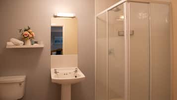 Un baño con inodoro, lavabo y ducha con mampara de vidrio.