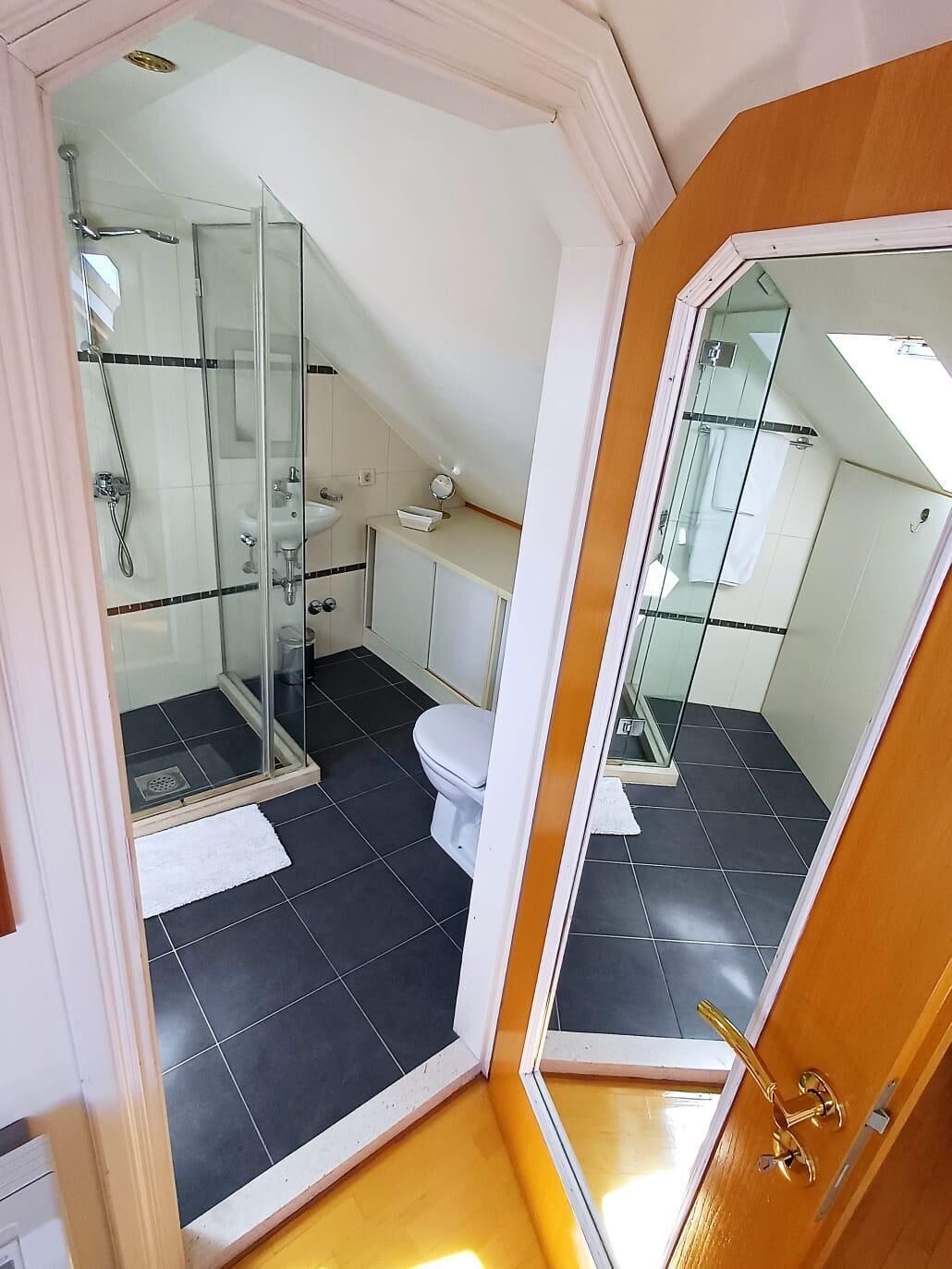 A compact bathroom with a glass-enclosed shower, a toilet, and a sink.