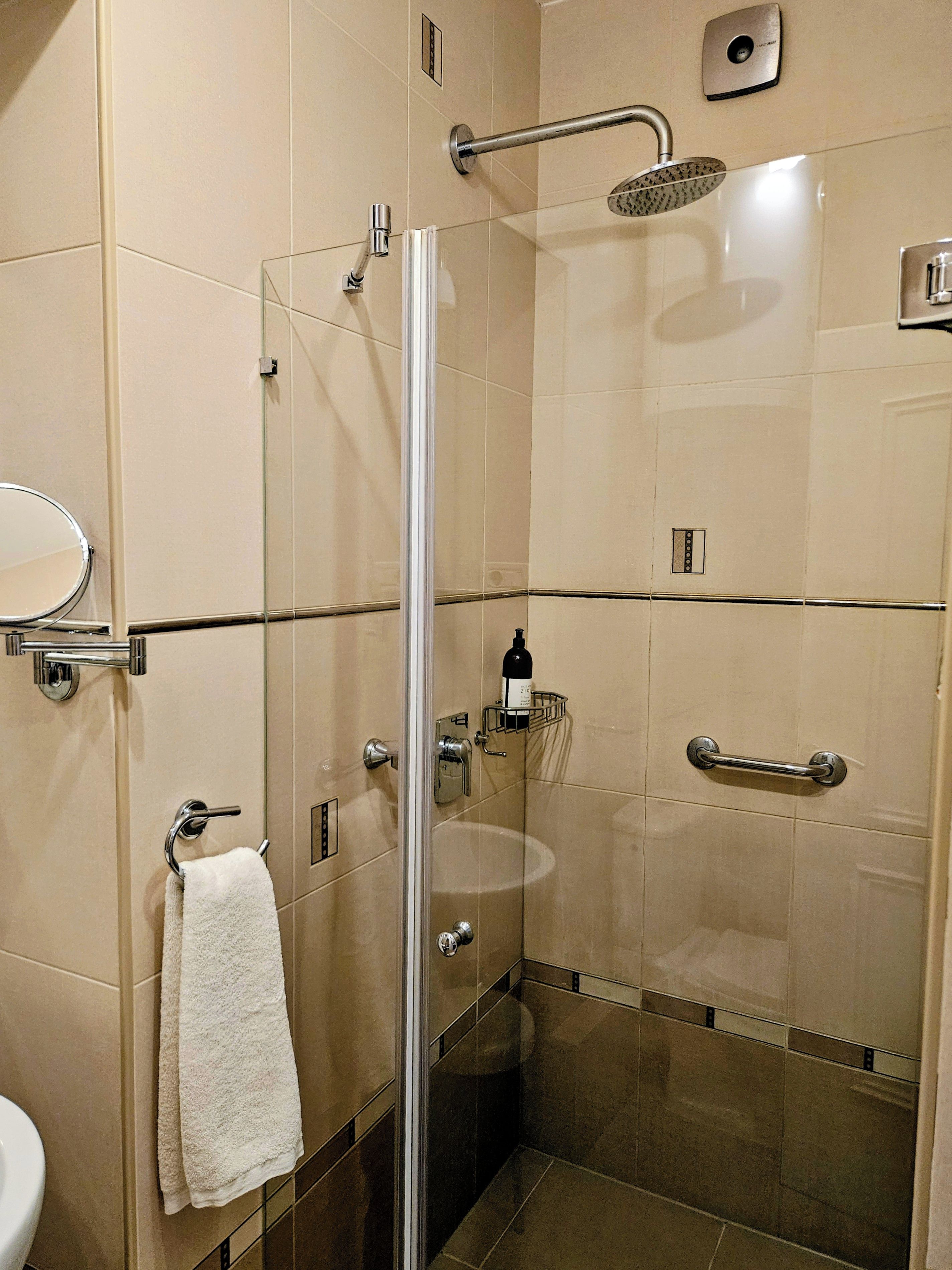 A modern bathroom with a glass-enclosed shower, a toilet, and a sink.