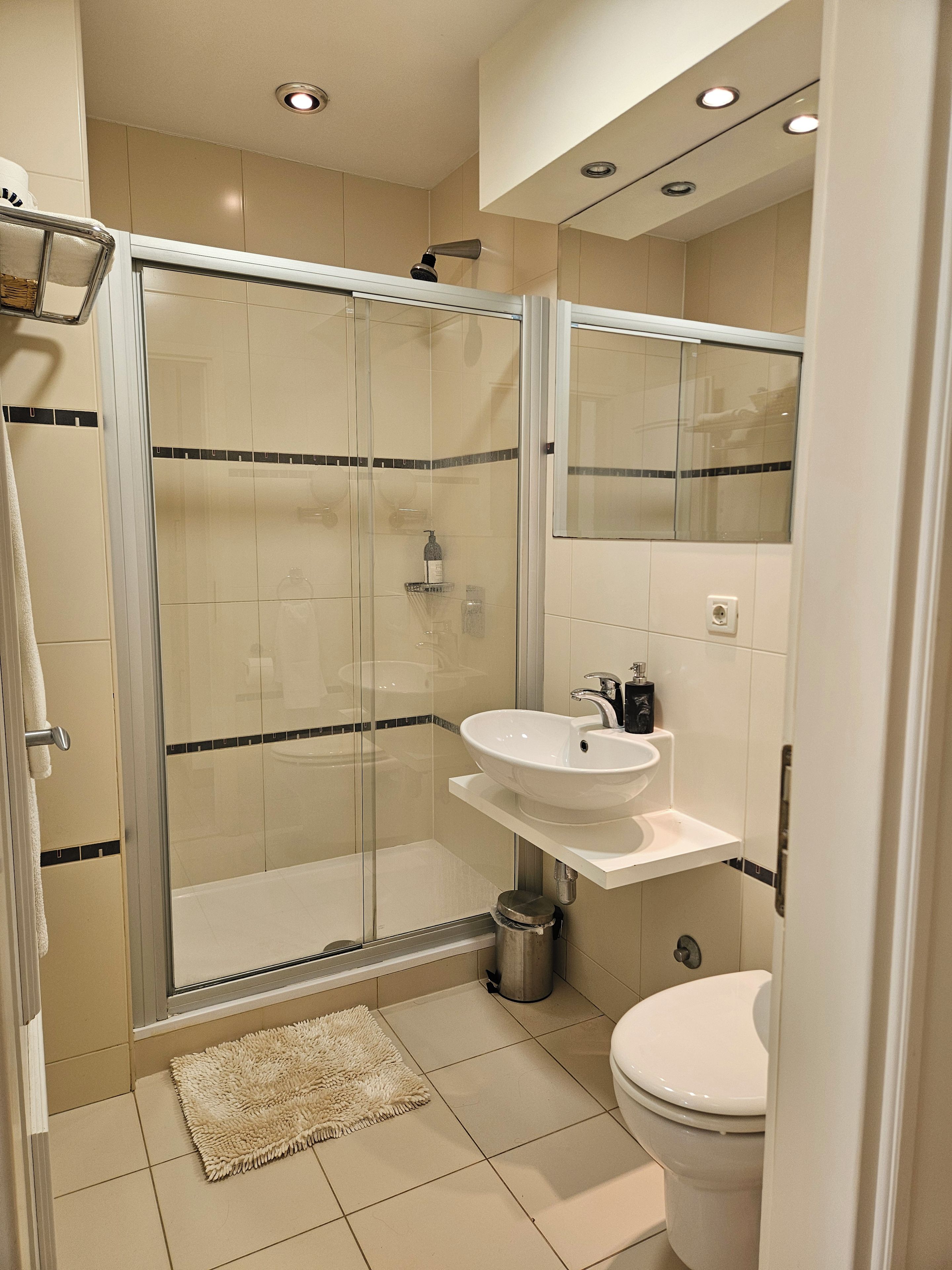 Ein modernes Badezimmer mit einer Duschkabine aus Glas, einem weißen Waschbecken und einer Toilette.