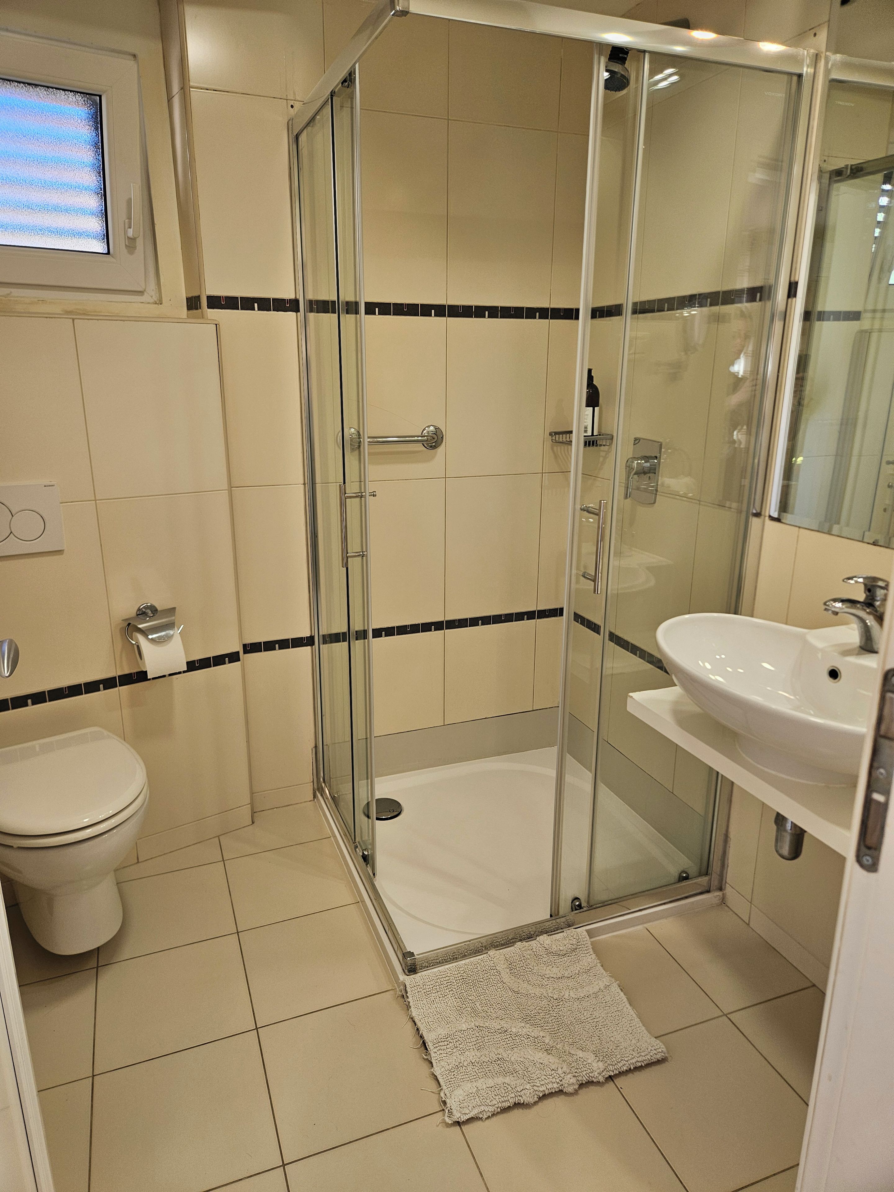 A bathroom with a glass-enclosed shower, a toilet, and a sink.