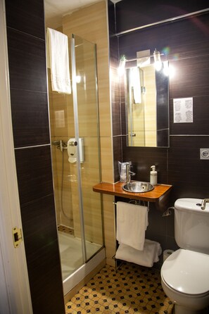 Un baño con ducha envuelta en vidrio, un lavamanos con espejo y un inodoro.