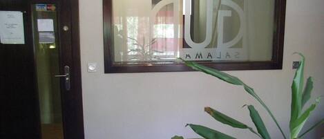 Una habitación con una puerta, una ventana con panel de vidrio esmerilado y una planta en maceta.