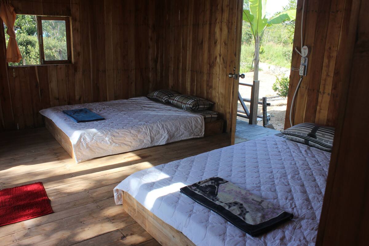 A wooden cabin with two beds, a window, and a door leading outside.