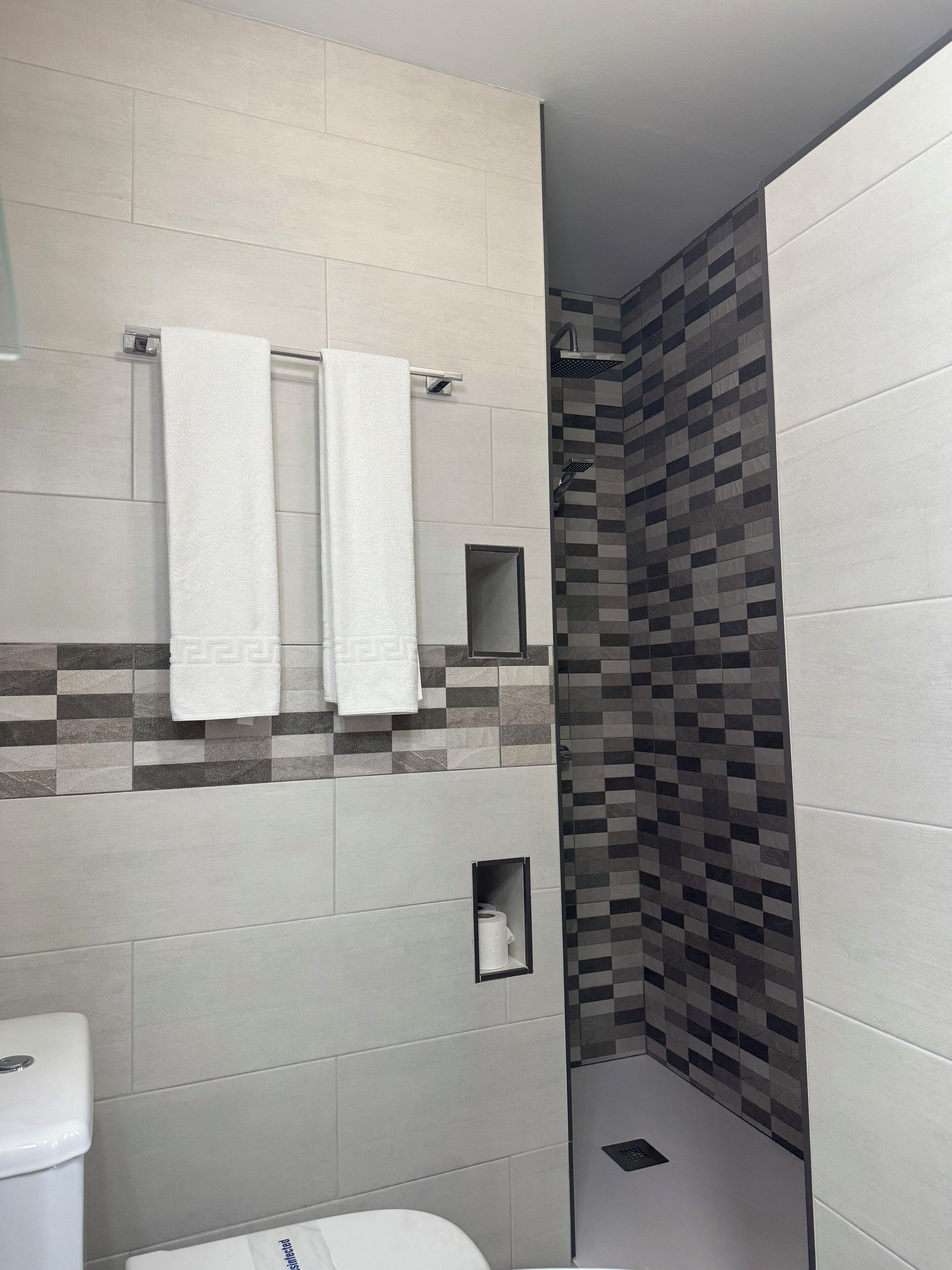 Un baño moderno con ducha, inodoro y perchero para toallas.