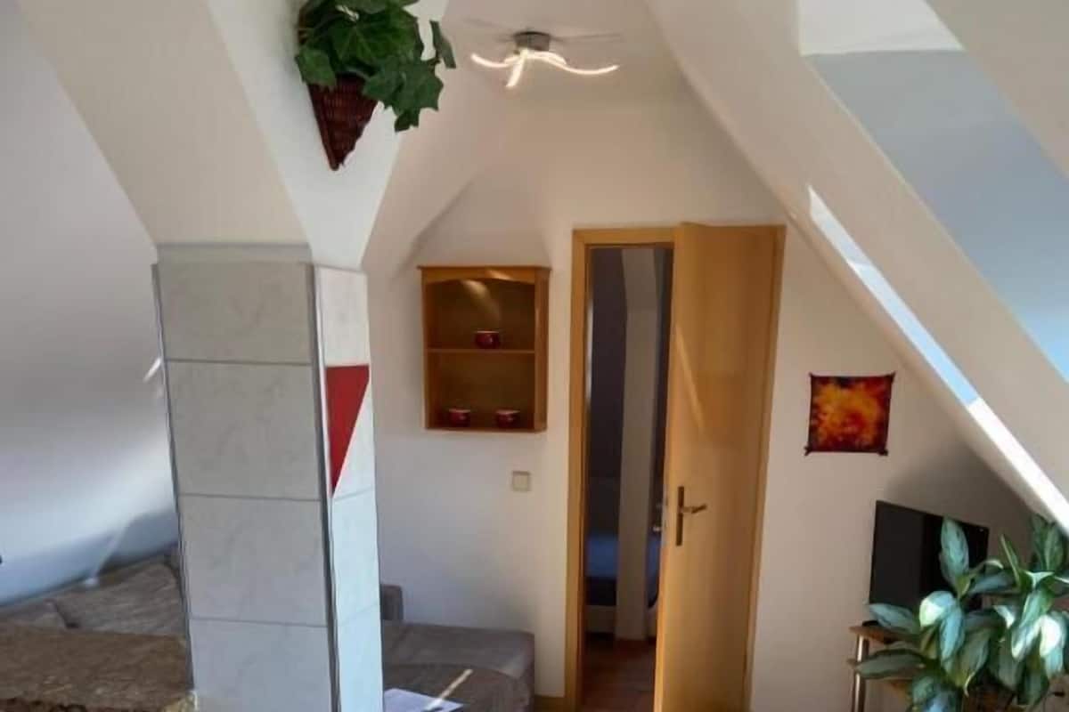 A cozy room with a sloped ceiling, a small seating area with a sofa and a table, a potted plant, and a wooden door leading to another room.