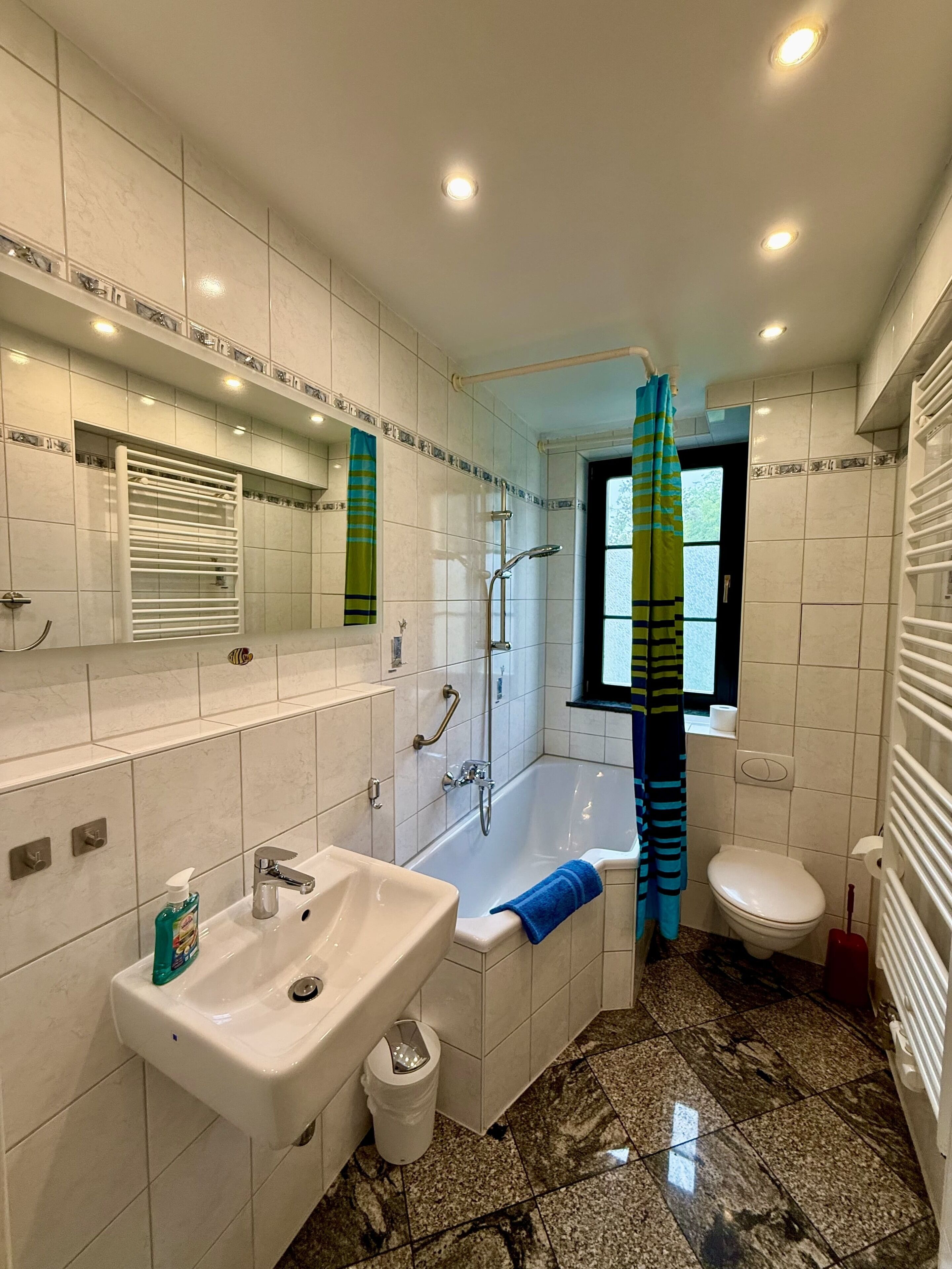 Comfort Condo, 1 Bedroom, Balcony, Garden Area (Wohnung 2) | Bathroom | Hair dryer, towels, soap, toilet paper