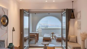 Junior Suite Sunset & Sea View with Hot Tub | Premium bedding, minibar, in-room safe, individually decorated