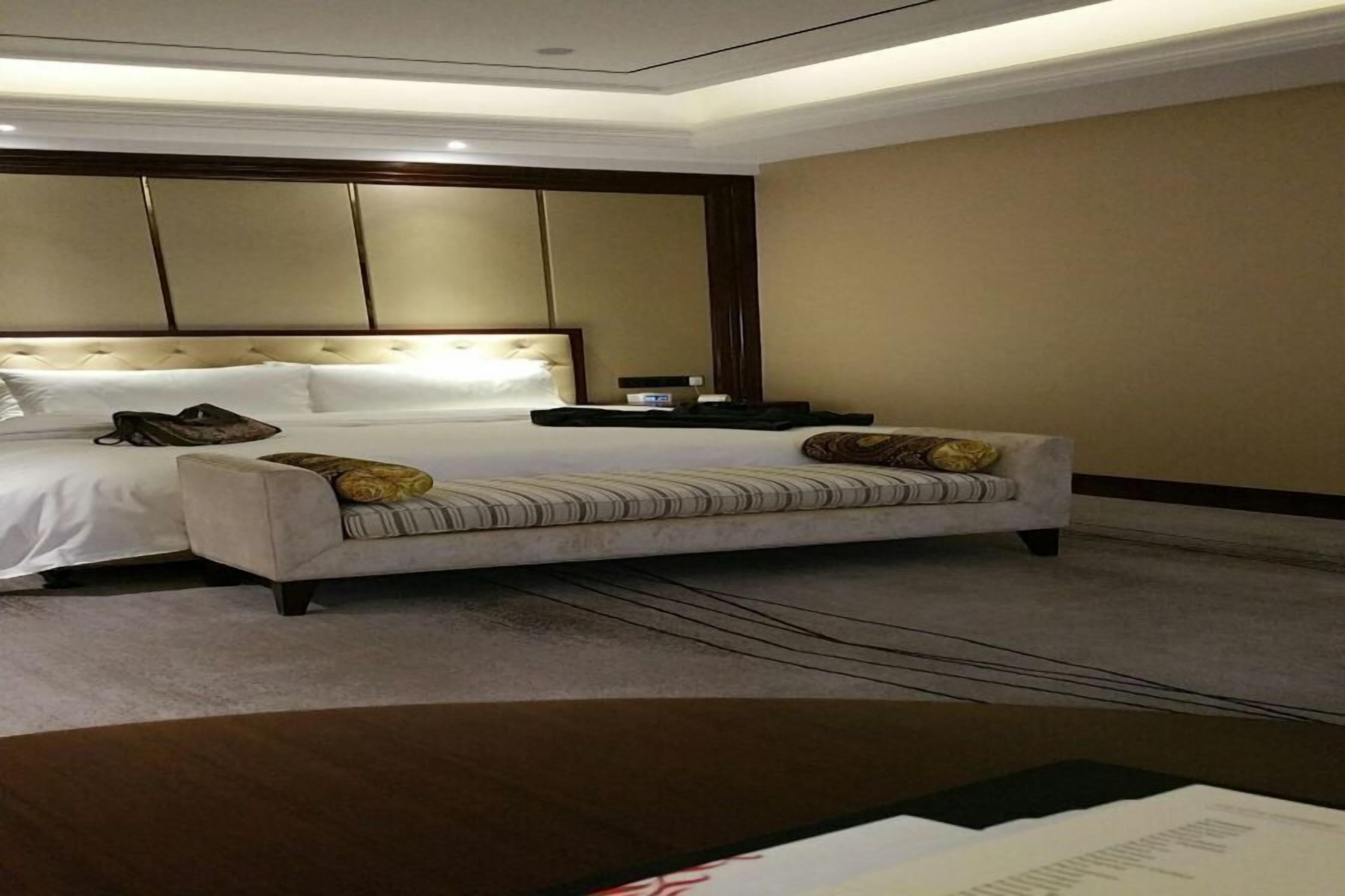 A hotel room with a large bed, a sofa, a bedside table, and a carpeted floor.