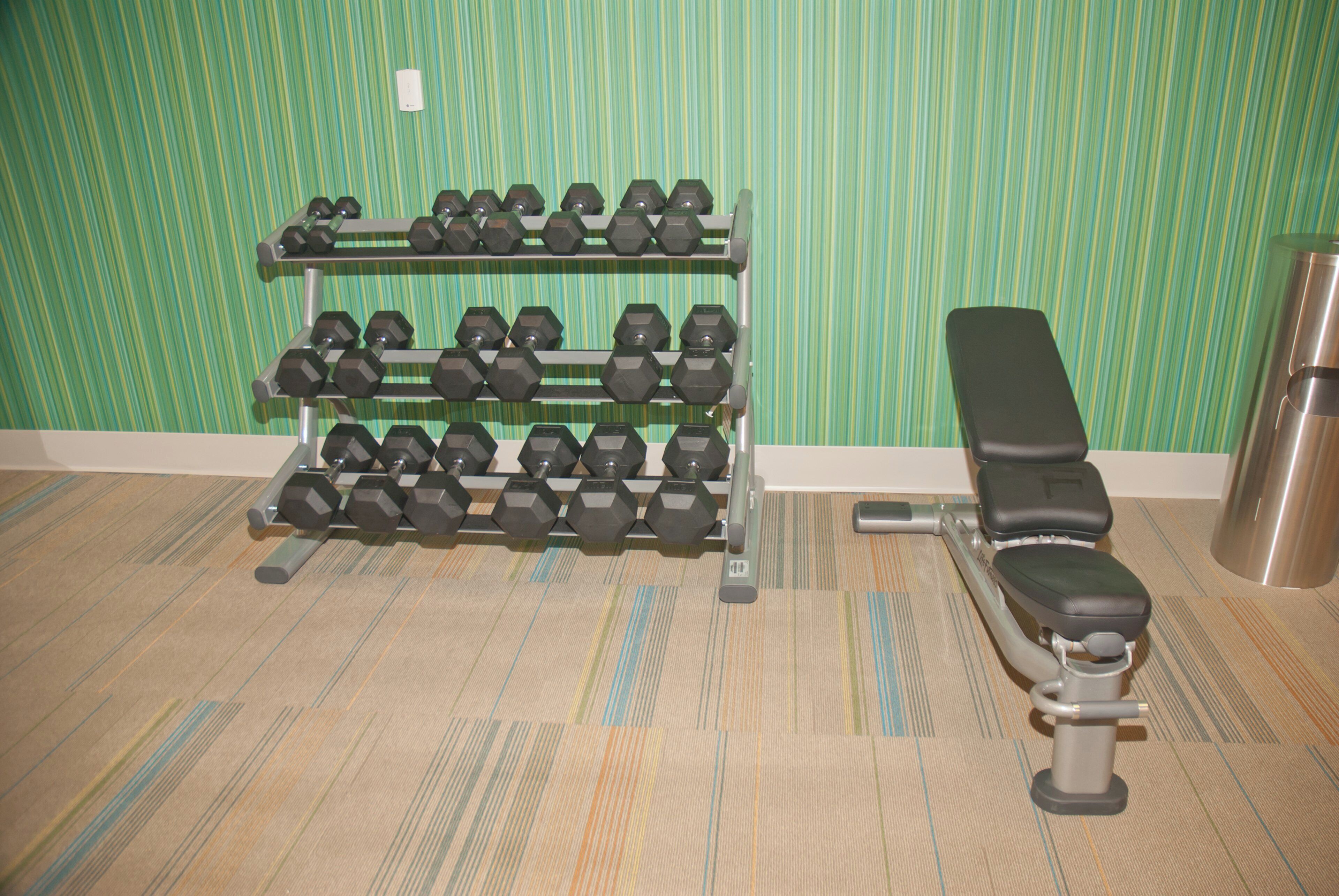 A gym with a bench and a rack of dumbbells.