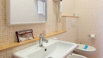 A bathroom with a sink, bidet, and mirror.