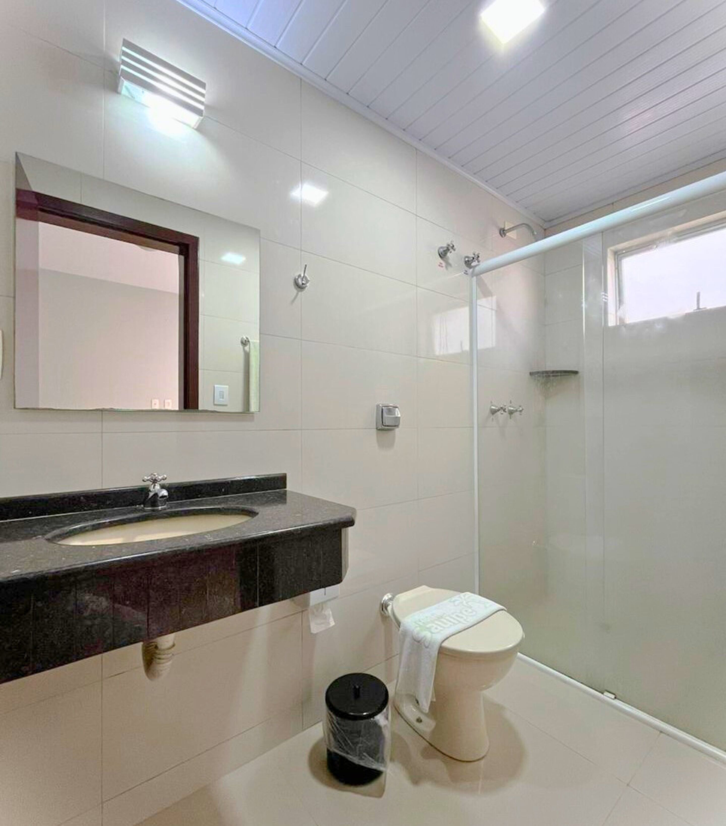 A modern bathroom with a large mirror, a sink, a toilet, and a glass-enclosed shower.