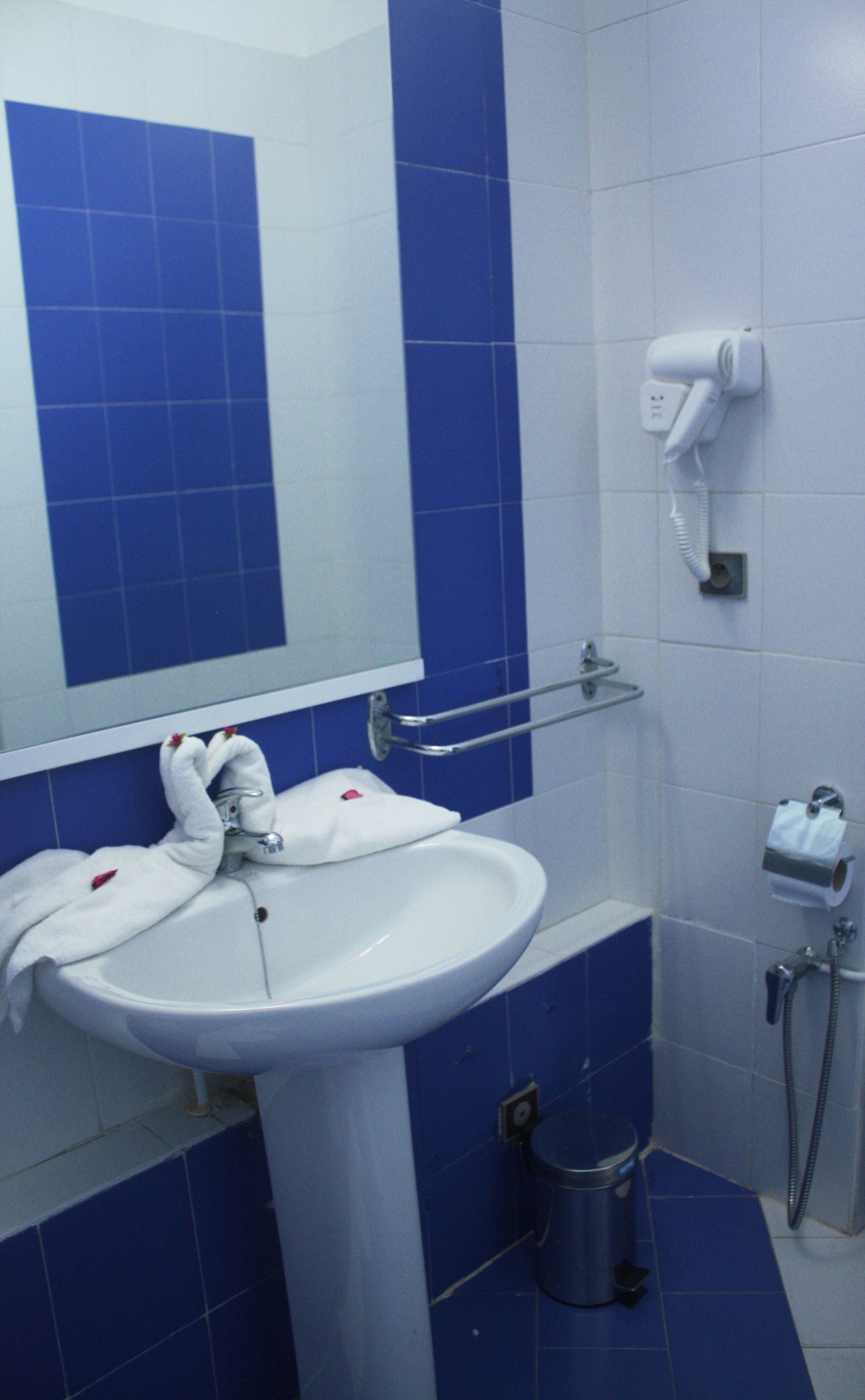 A bathroom with a white sink, blue tiles, a mirror, a towel rack, a hairdryer, and a shower.