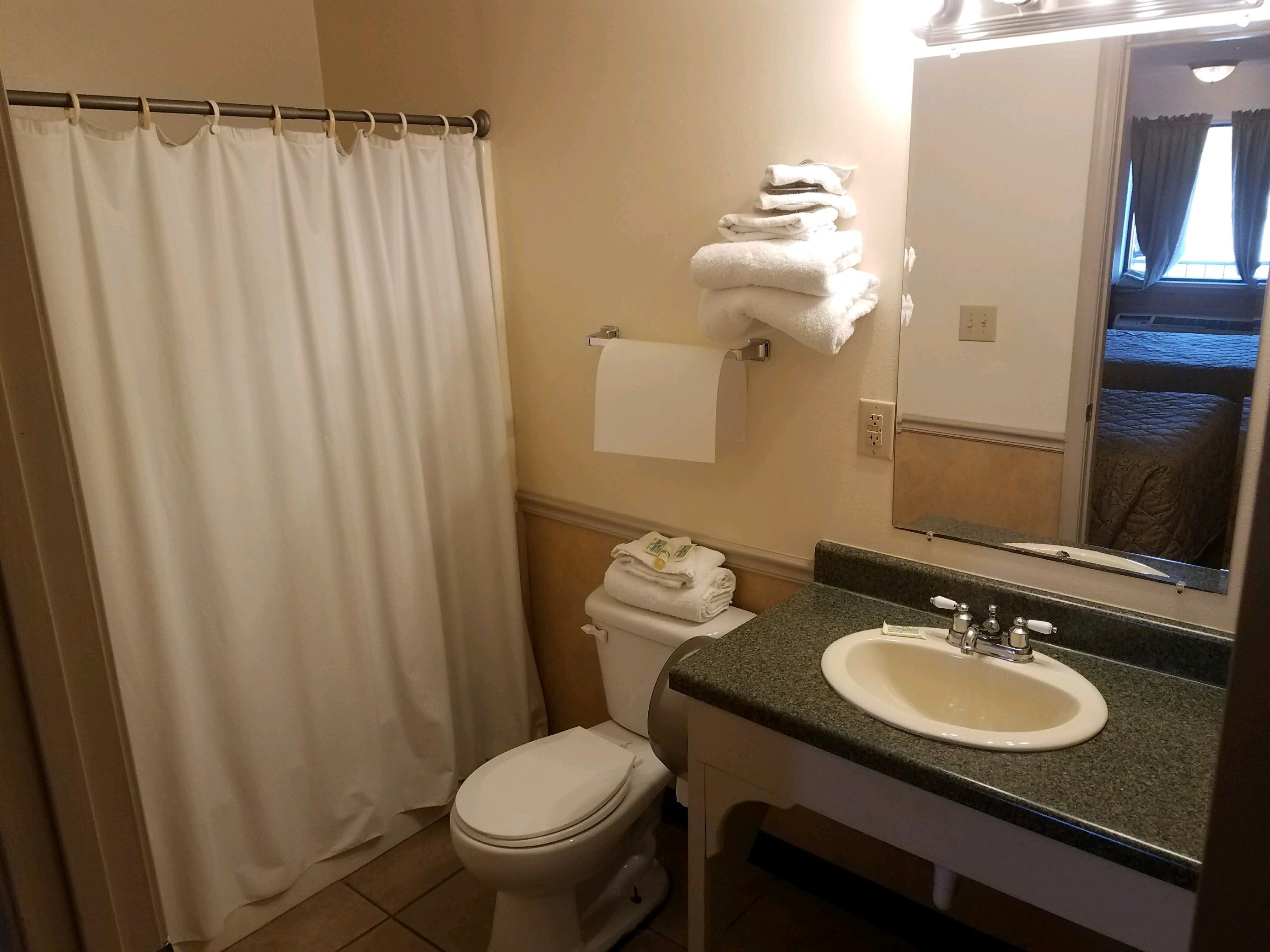 Une salle de bain avec des toilettes, un lavabo et un miroir.