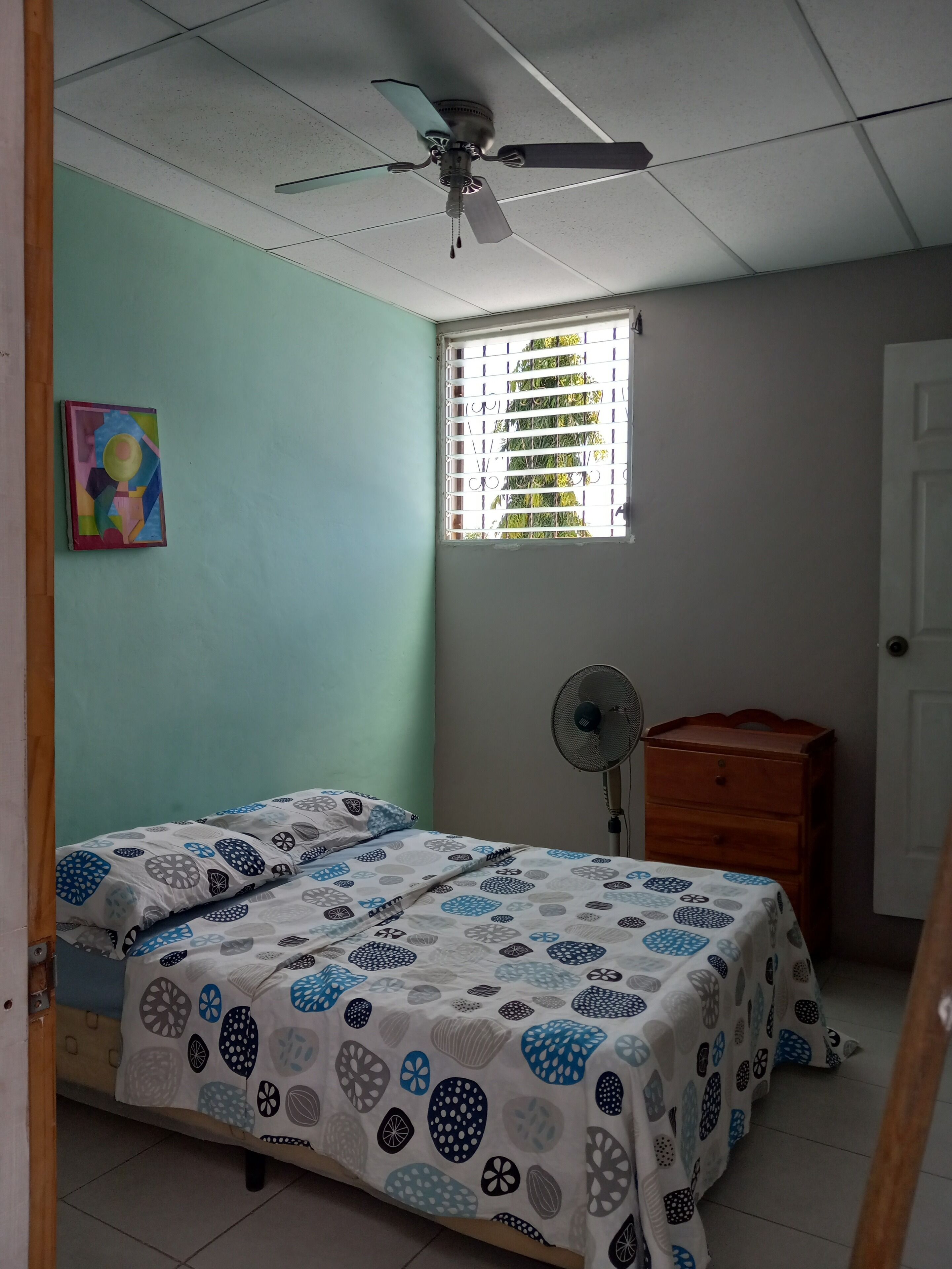 A bedroom with a bed, a ceiling fan, a window with bars, a dresser, and a door.