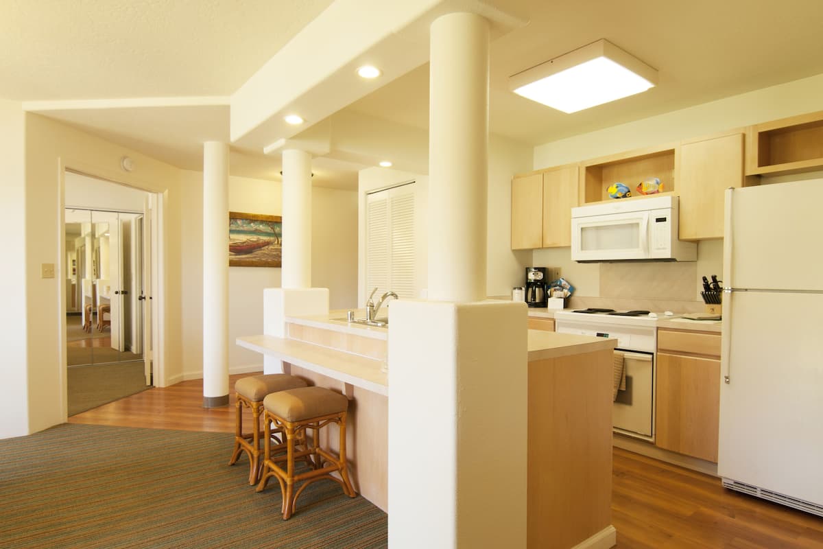 Full-size fridge, microwave, oven, stovetop