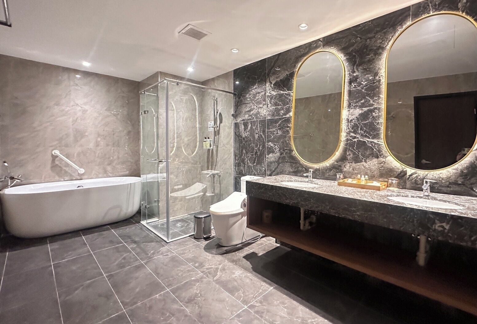 deluxe suite, city view | bathroom | combined shower/bathtub, hair dryer, slippers, towels