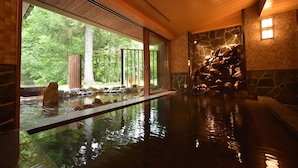 A spa area with a glass-enclosed pool, wooden ceiling, stone wall, and a view of the forest. - La Vista Akangawa - Adults only (Kushiro)
