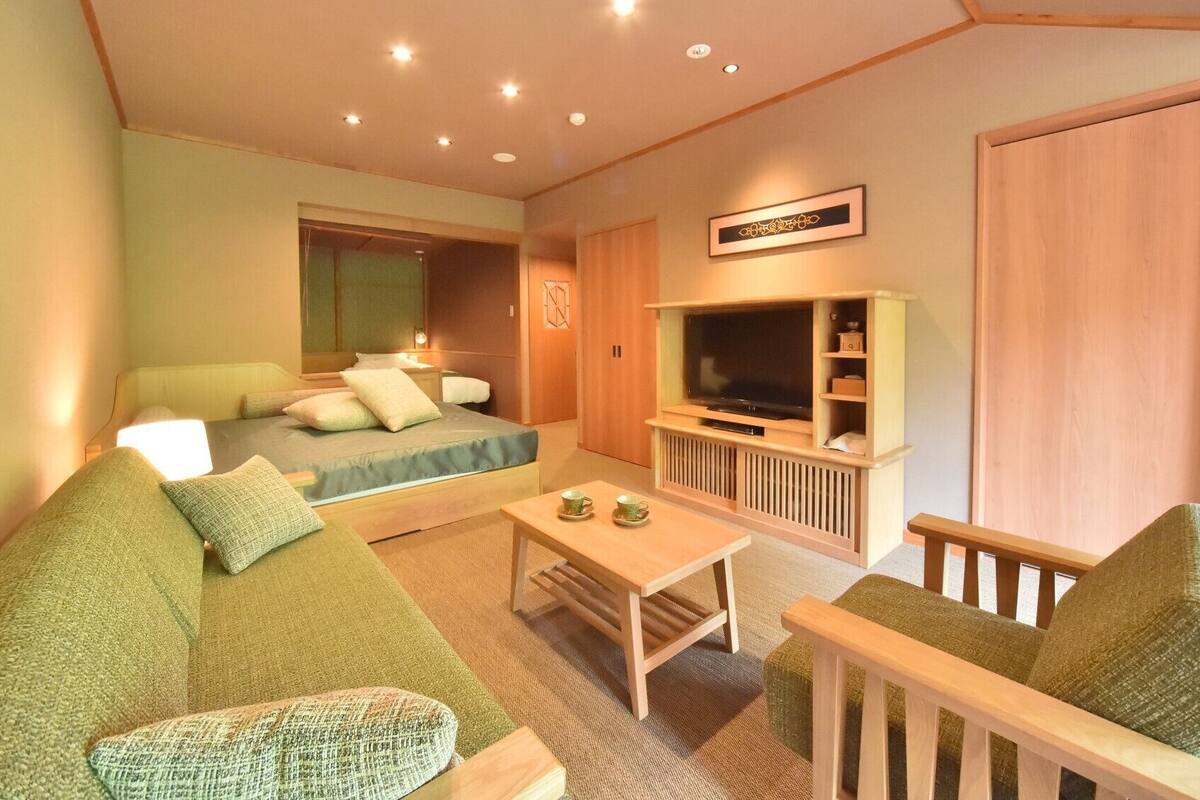 A room with a bed, a sofa, a TV, and a small table.