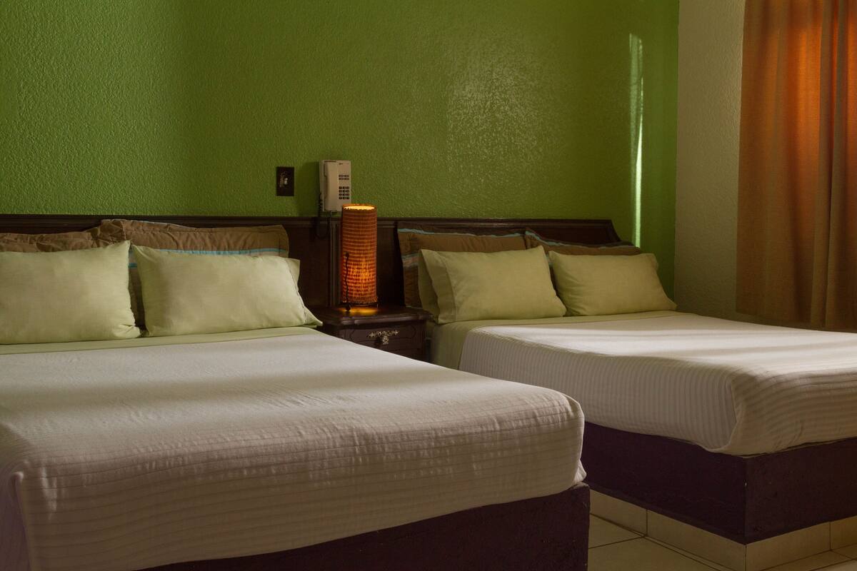 Dos camas individuales con sábanas blancas, una mesita de noche con lámpara y una pared verde.