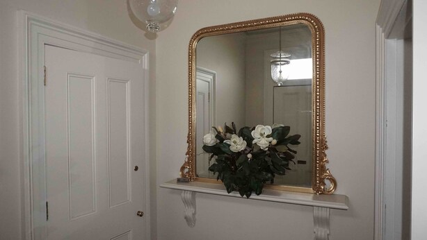 Un pasillo con una puerta blanca, un espejo grande y ornamentado, y un estante blanco con una planta.