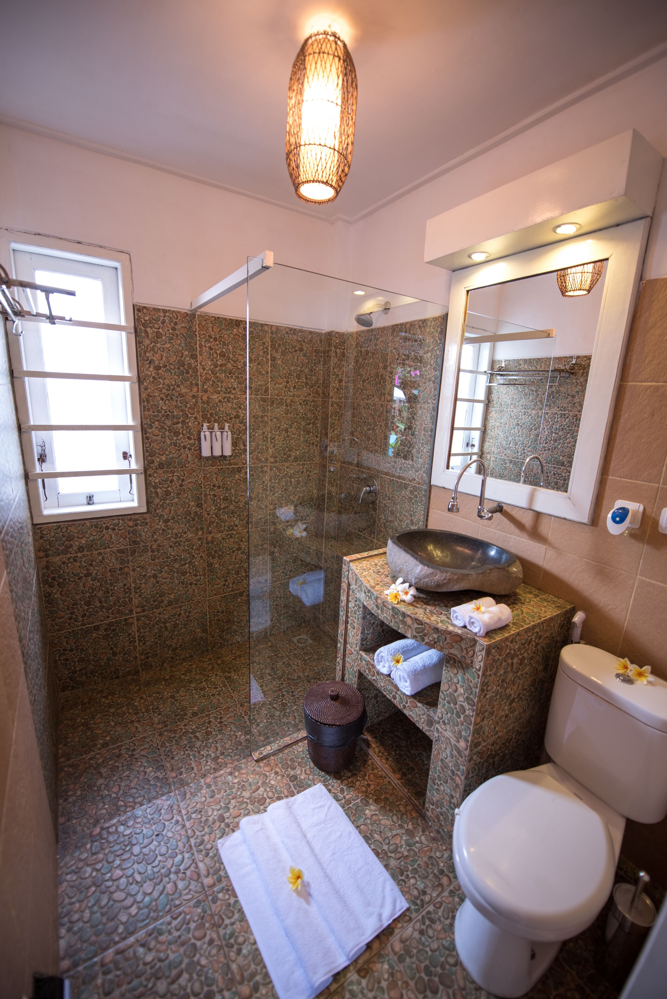 shower, free toiletries, hair dryer, towels