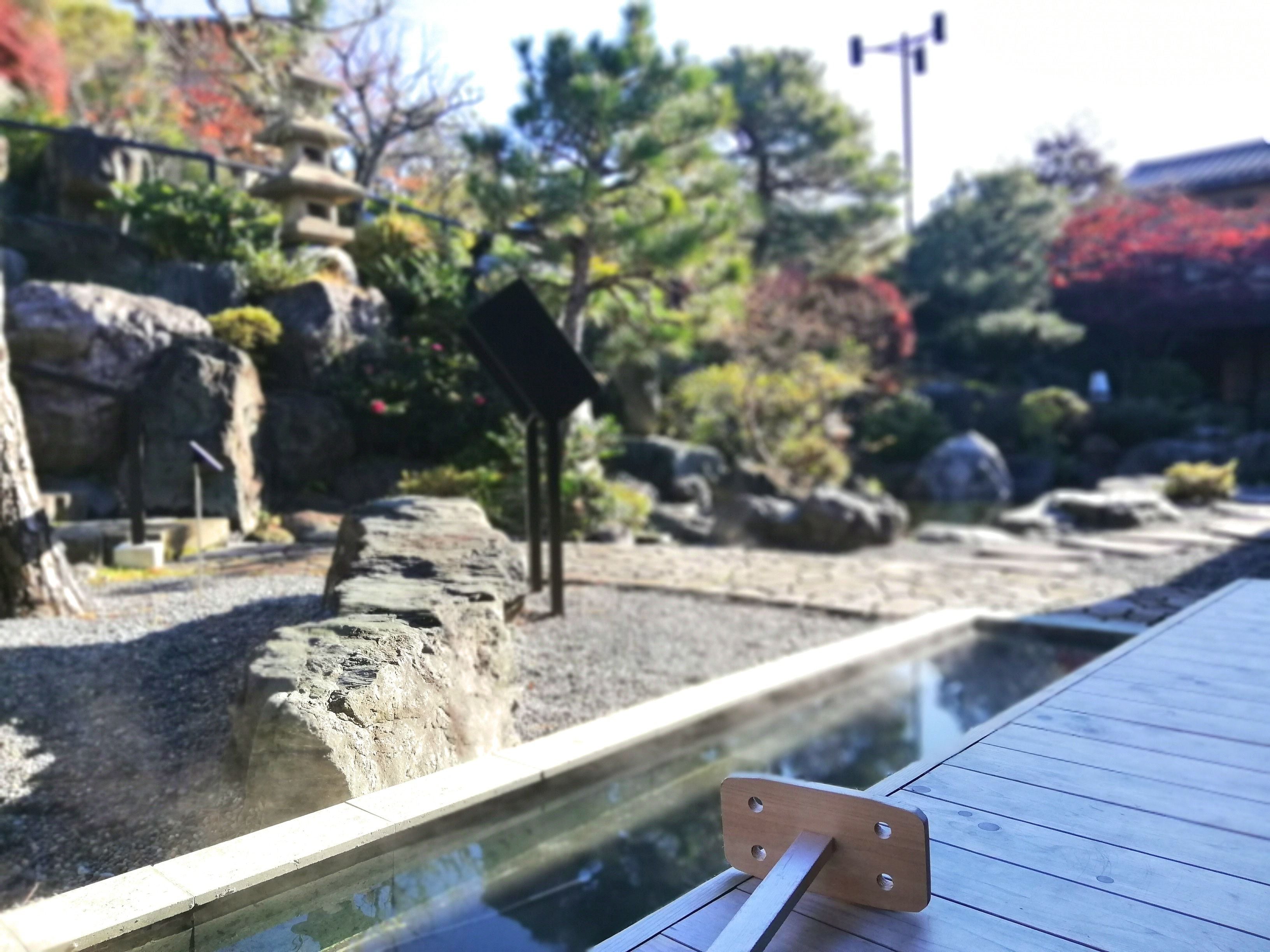 Una terraza de madera con barandilla de metal, con vistas a un tranquilo estanque con rocas y un pequeño puente.