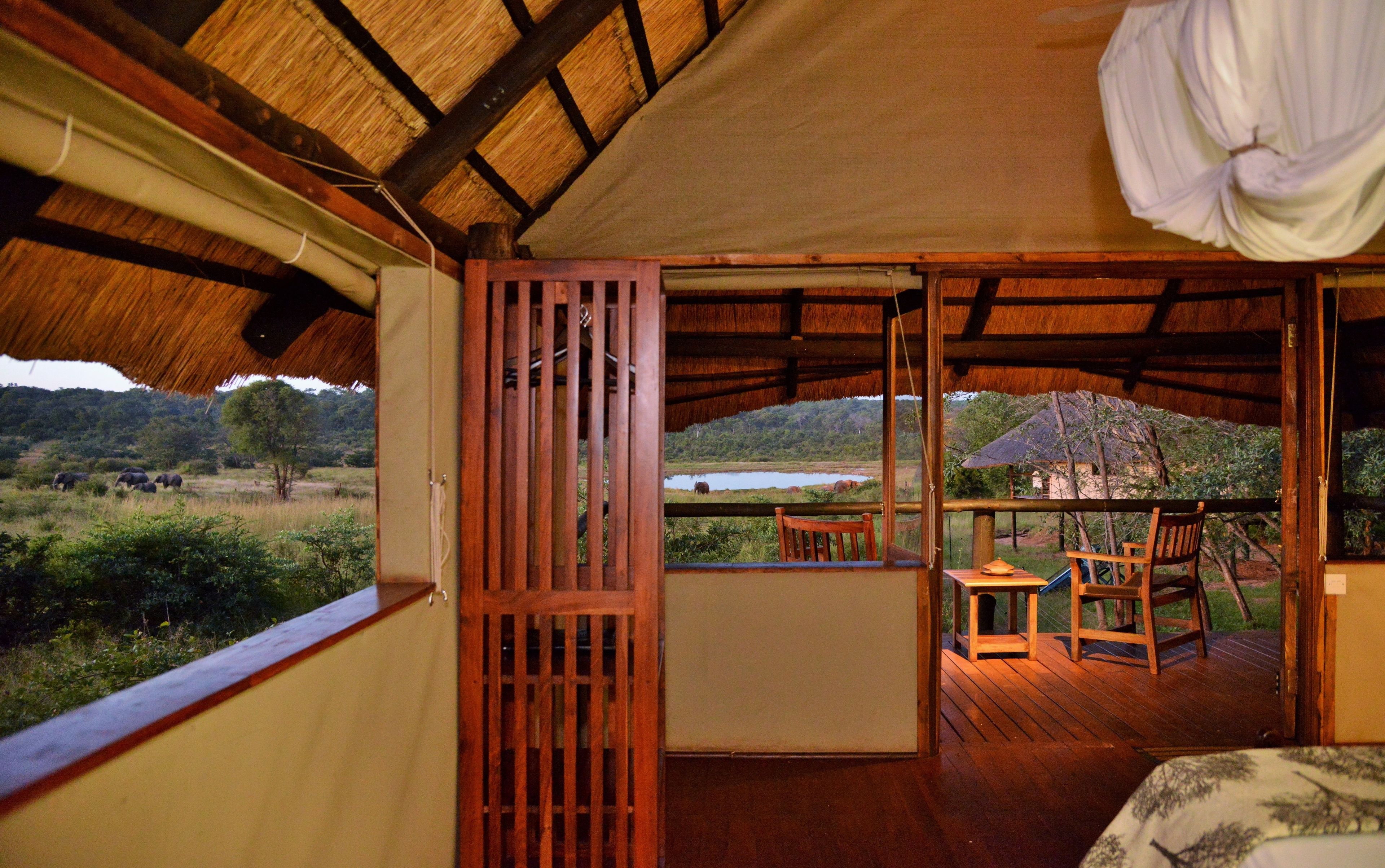 A wooden deck with a view of elephants in the distance, a thatched roof, and a wooden chair.