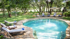 A swimming pool with lounge chairs and umbrellas, surrounded by trees and greenery. - Ivory Lodge (Dete)
