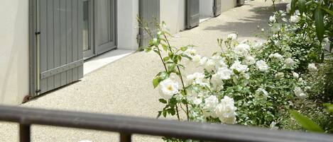 A row of grey doors with numbers 15 and 16, indicating hotel rooms.