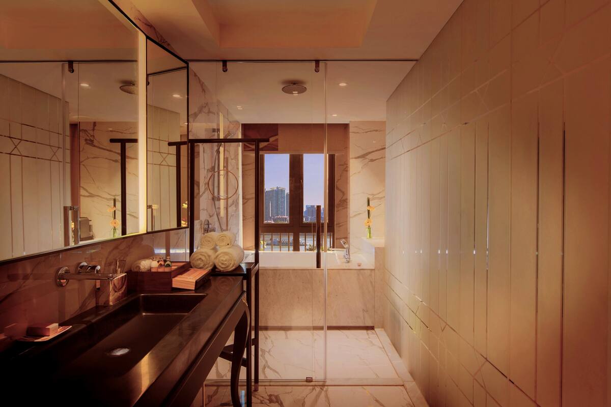 free toiletries, bathrobes, slippers, towels