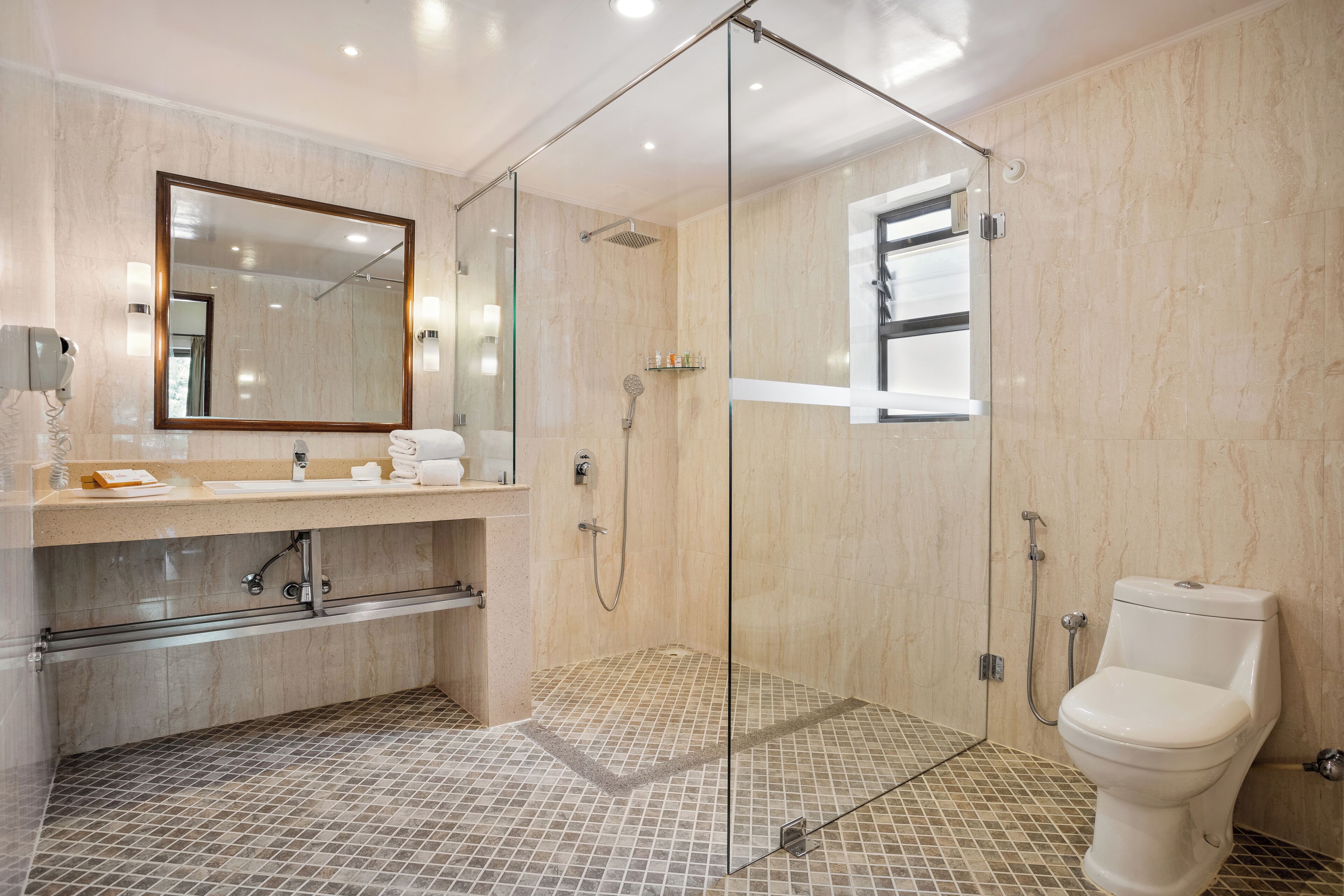 A modern bathroom with a glass-enclosed shower, a large mirror, and a toilet.