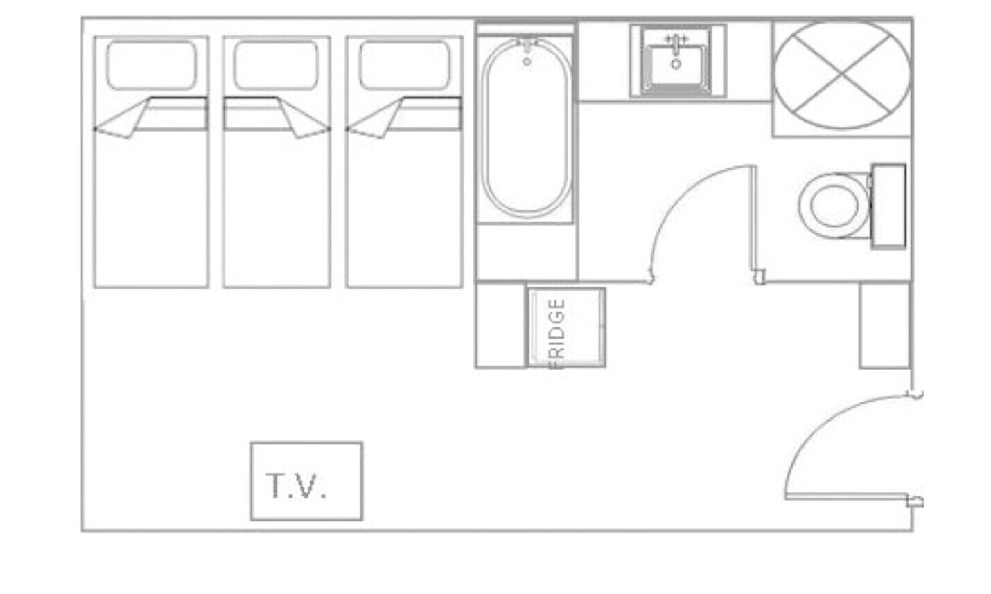 Plano de planta que muestra un televisor, ducha, lavabo e inodoro.