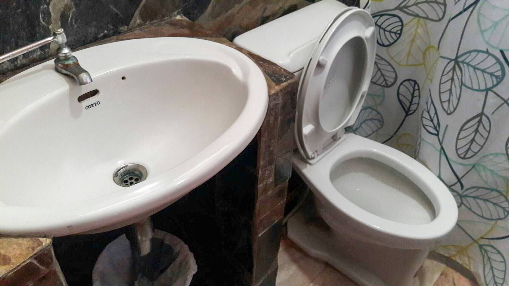 Un bany amb un rentapins i un vàter blancs, rajoles semblants a marbre i una cortina de bany amb dibuixos.