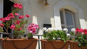 Een gebouw met terracotta plantenbakken met roze en witte bloemen, een zwart wandlamp en gebogen ramen.