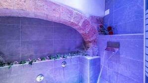 A modern bathroom with a built-in bathtub, a shower area, and a small shelf with decorative plants. - B&B Eraclio (Barletta)