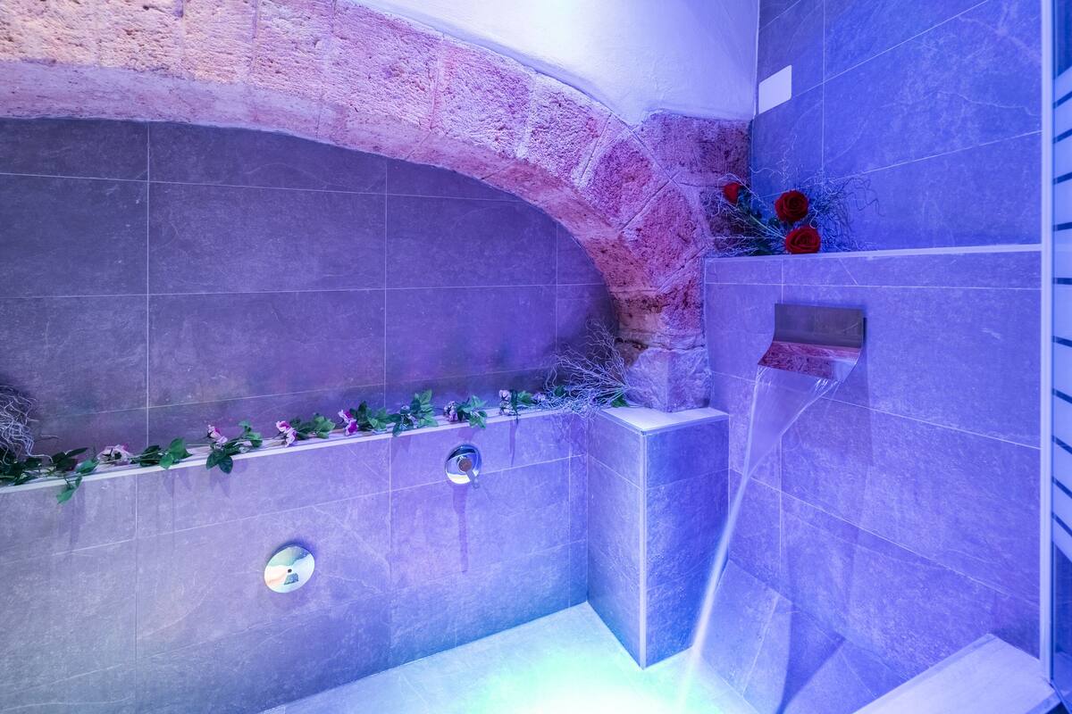 A modern bathroom with a built-in bathtub, a shower area, and a small shelf with decorative plants.