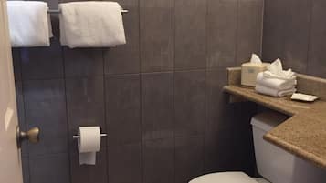 Un bany amb vàter, una barra de tovalloles amb dues tovalloles, un dispensador de paper higiènic i una caixa de mocadors sobre una superfície.
