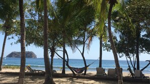 A beach with palm trees, a hammock, and lounge chairs. - Hotel Brisas del Pacifico (Sámara)