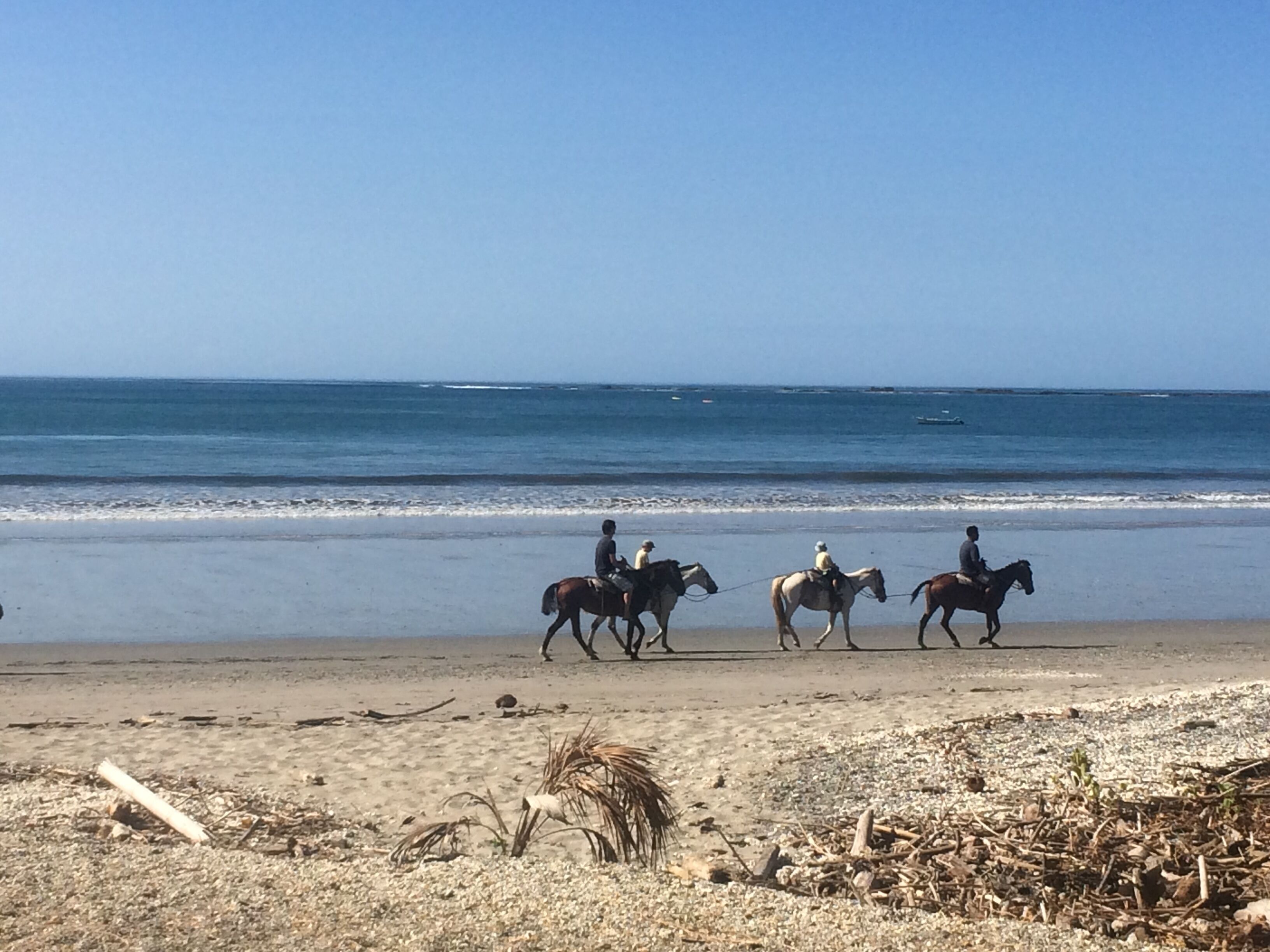 A beach with three people riding horses along the shoreline.