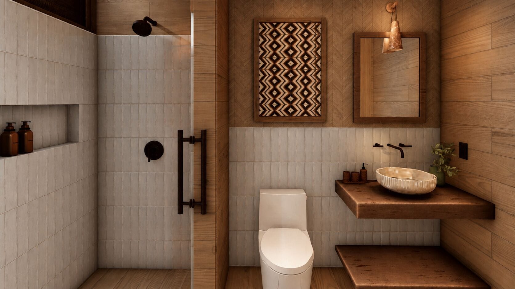 Un baño moderno con cabina de ducha de vidrio, inodoro, lavabo con pileta y paneles de pared de madera.