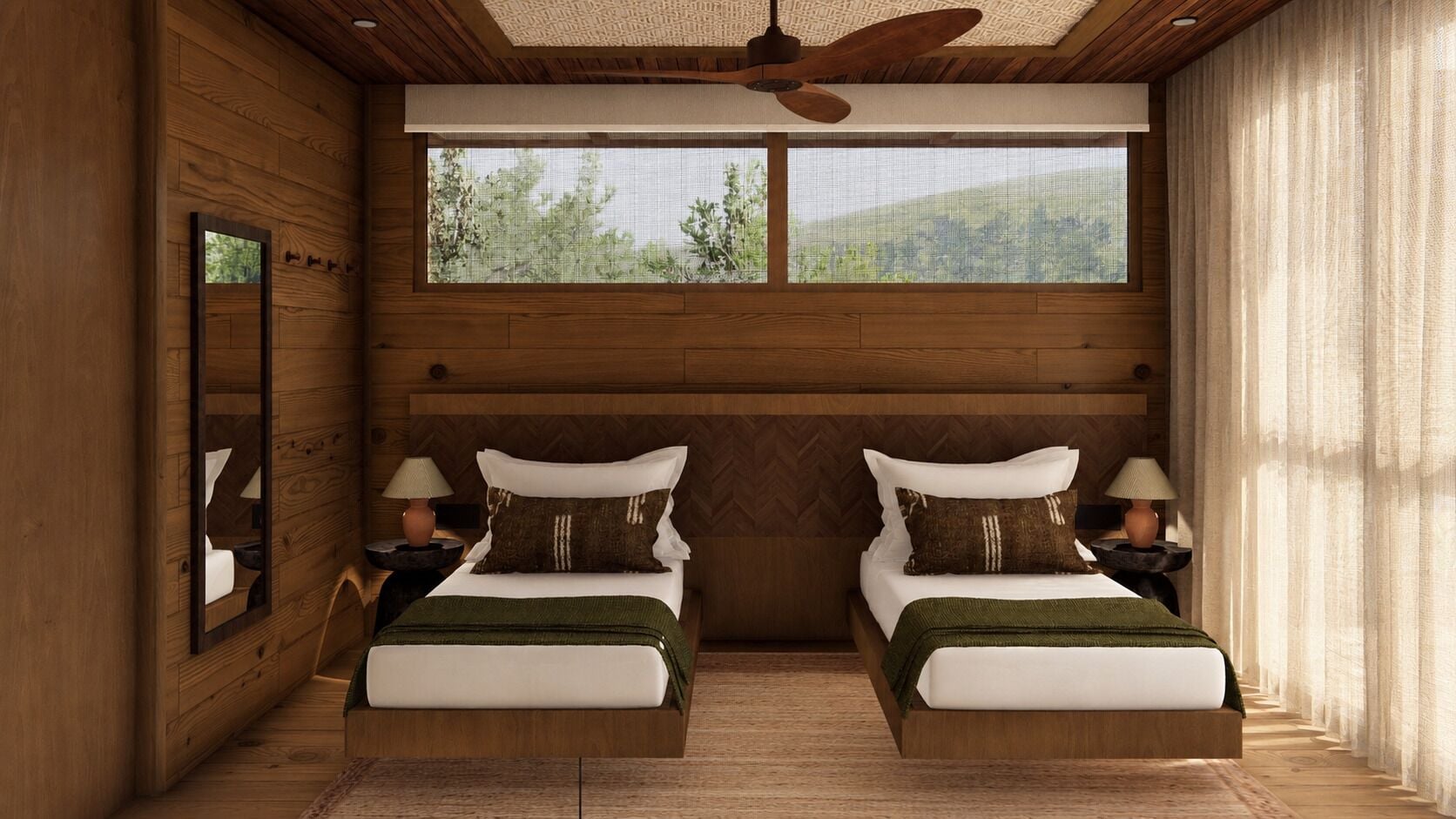 Habitación doble con dos camas, un ventanal grande, paredes de madera y un ventilador de techo.