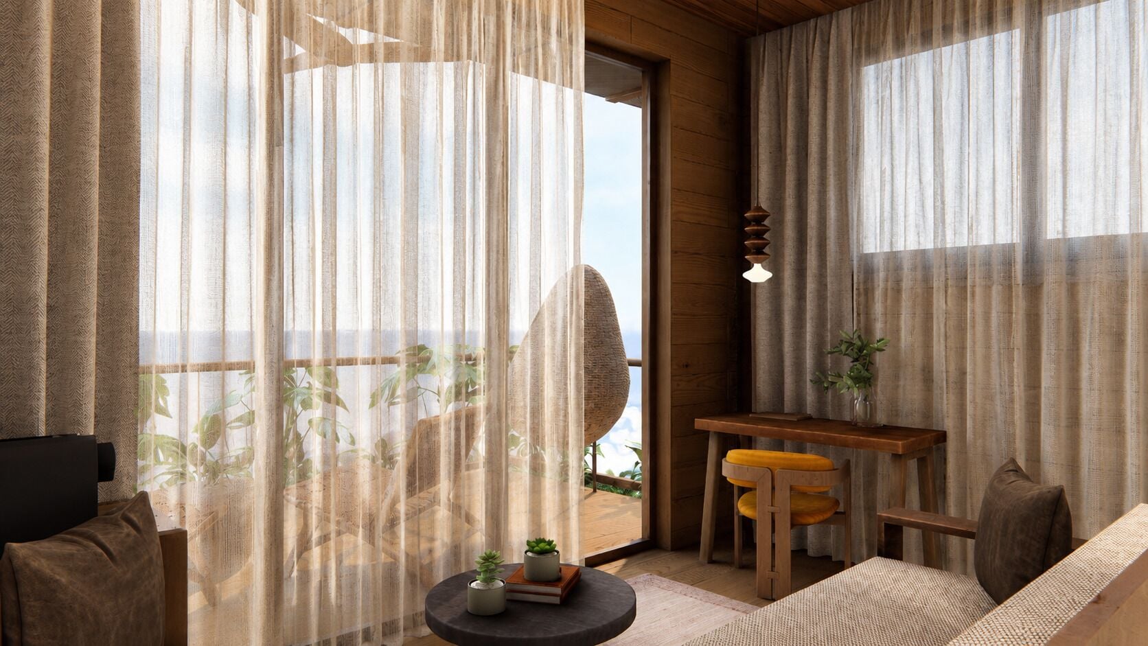 Een kamer met een houten tafel, twee stoelen, een bank en een klein rond tafeltje met een plant.