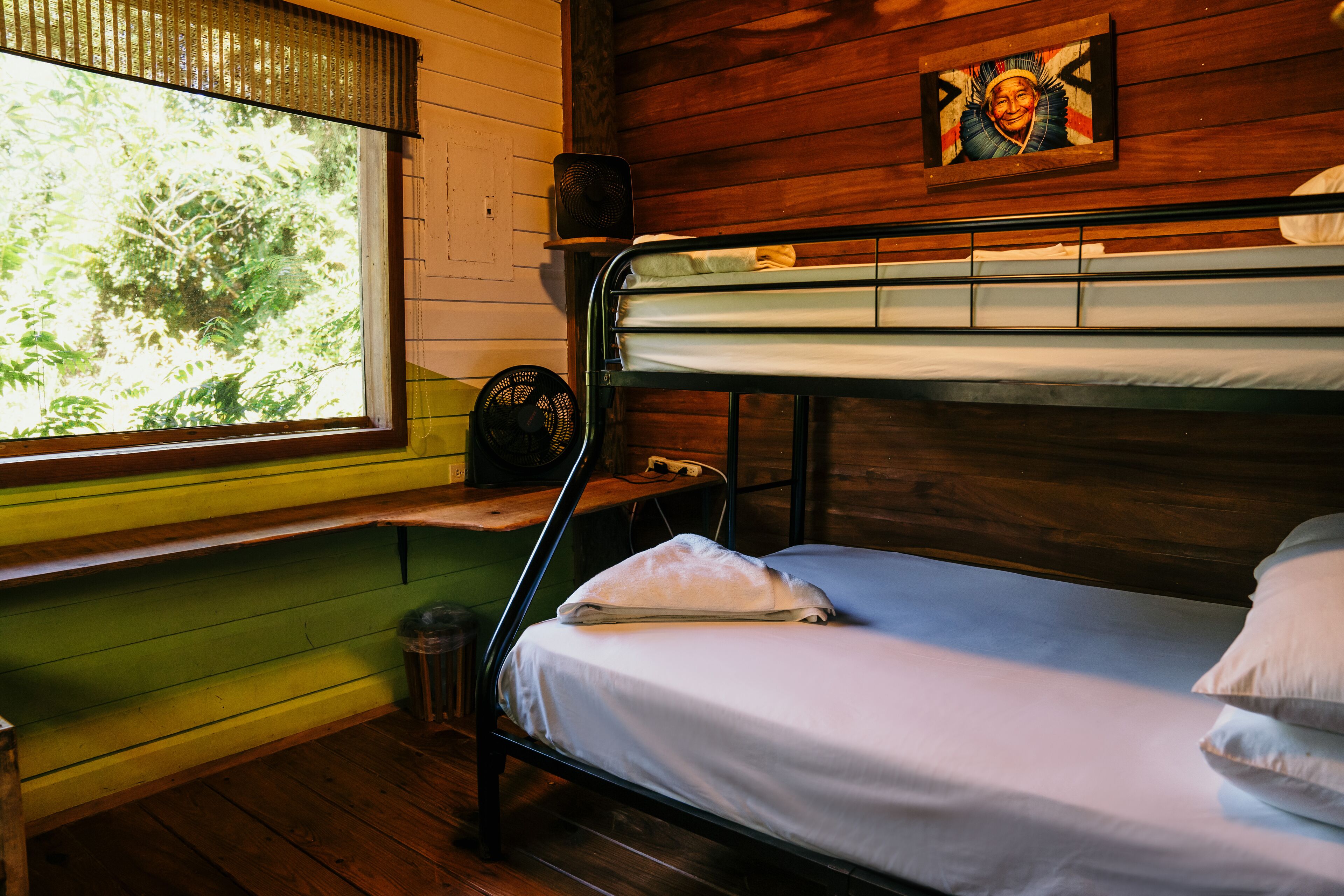 A bunk bed with a window, a fan, and a picture on the wall.