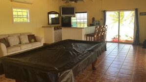 A room with a pool table, a sofa, a TV, a bar area, and a sliding glass door to the outside.
