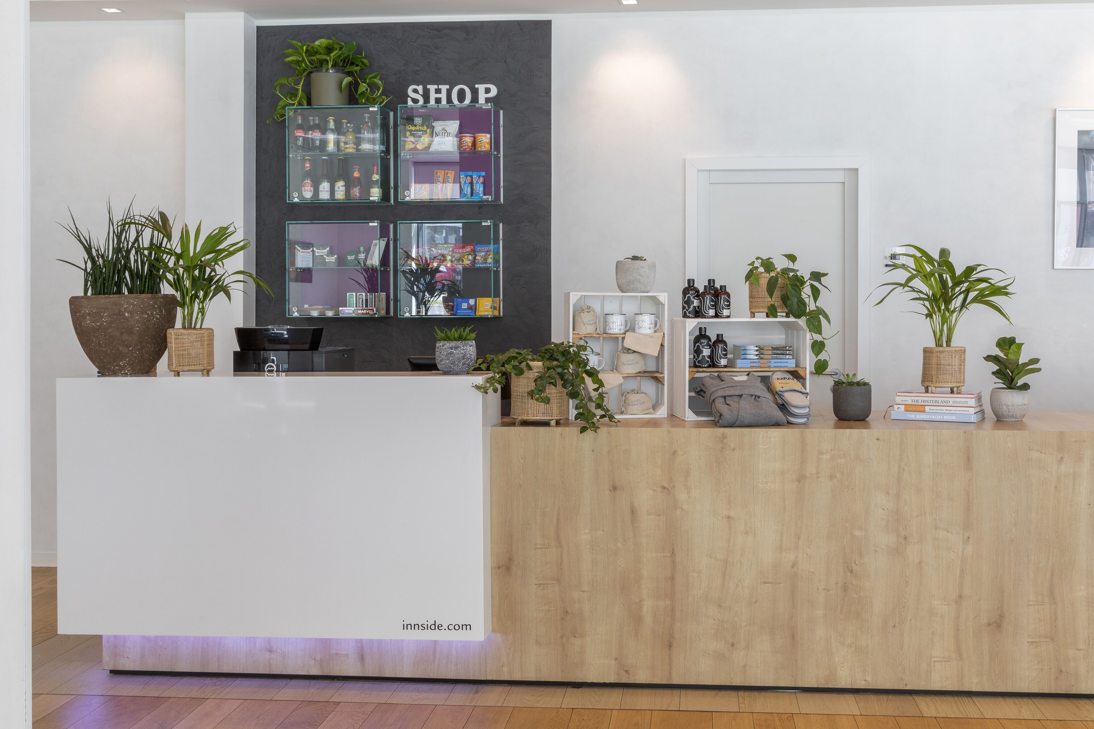 Un espace d’accueil avec un comptoir en bois, une enseigne « MAGASIN » au-dessus de vitrines et diverses plantes.